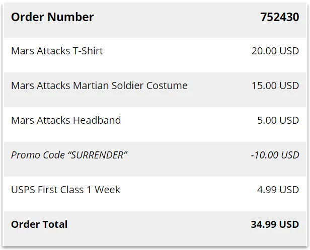 Order information at
checkout.